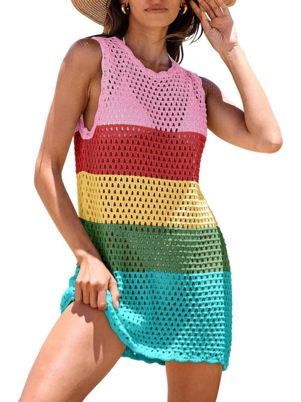 Stylish Sleeveless Crochet Swim Cover-Up Dress - Perfect for Summer Beach